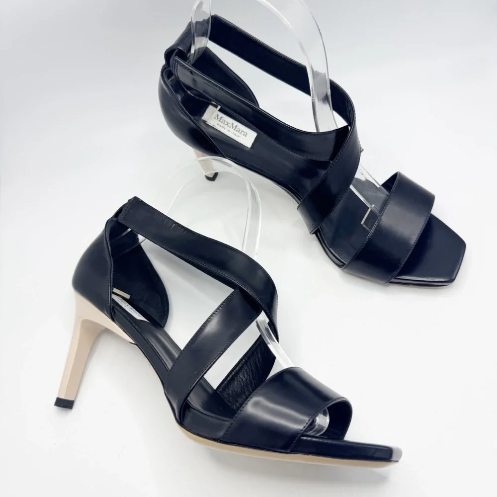 Max Mara Strappy Leather Heeled Square Toe Sandals Black Ivory Size 39
